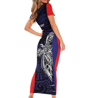Personalised PNG Bougainville Short Sleeve Bodycon Dress Bird of Paradise Tattoo Flag Motif LT9 - Polynesian Pride