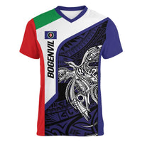 Personalised PNG Bougainville Women V-Neck T-Shirt Bird of Paradise Tattoo Flag Motif LT9 Female Blue - Polynesian Pride