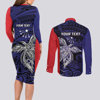 Personalised PNG Central Province Couples Matching Long Sleeve Bodycon Dress and Long Sleeve Button Shirt Bird of Paradise Tattoo Flag Motif LT9 - Polynesian Pride