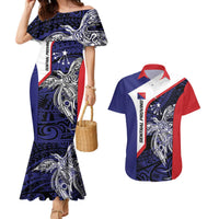 Personalised PNG Central Province Couples Matching Mermaid Dress and Hawaiian Shirt Bird of Paradise Tattoo Flag Motif LT9 Blue - Polynesian Pride