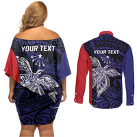 Personalised PNG Central Province Couples Matching Off Shoulder Short Dress and Long Sleeve Button Shirt Bird of Paradise Tattoo Flag Motif LT9 - Polynesian Pride