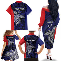 Personalised PNG Central Province Family Matching Off The Shoulder Long Sleeve Dress and Hawaiian Shirt Bird of Paradise Tattoo Flag Motif LT9 - Polynesian Pride