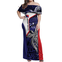 Personalised PNG Central Province Off Shoulder Maxi Dress Bird of Paradise Tattoo Flag Motif LT9 Women Blue - Polynesian Pride