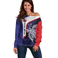 Personalised PNG Central Province Off Shoulder Sweater Bird of Paradise Tattoo Flag Motif LT9 Women Blue - Polynesian Pride