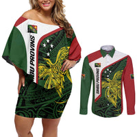 Personalised PNG Chimbu Province Couples Matching Off Shoulder Short Dress and Long Sleeve Button Shirt Bird of Paradise Tattoo Flag Motif LT9 Red - Polynesian Pride