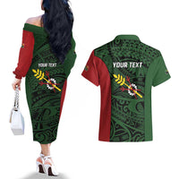 Personalised PNG Chimbu Province Couples Matching Off The Shoulder Long Sleeve Dress and Hawaiian Shirt Bird of Paradise Tattoo Flag Motif LT9 - Polynesian Pride