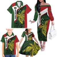 Personalised PNG Chimbu Province Family Matching Off The Shoulder Long Sleeve Dress and Hawaiian Shirt Bird of Paradise Tattoo Flag Motif LT9 - Polynesian Pride