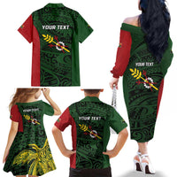 Personalised PNG Chimbu Province Family Matching Off The Shoulder Long Sleeve Dress and Hawaiian Shirt Bird of Paradise Tattoo Flag Motif LT9 - Polynesian Pride