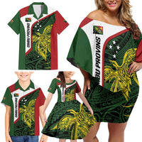 Personalised PNG Chimbu Province Family Matching Off Shoulder Short Dress and Hawaiian Shirt Bird of Paradise Tattoo Flag Motif LT9 - Polynesian Pride