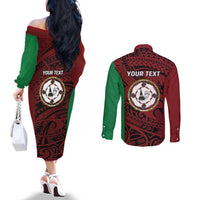 Personalised PNG East New Britain Province Couples Matching Off The Shoulder Long Sleeve Dress and Long Sleeve Button Shirt Bird of Paradise Tattoo Flag Motif LT9 - Polynesian Pride