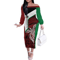 Personalised PNG East New Britain Province Family Matching Off The Shoulder Long Sleeve Dress and Hawaiian Shirt Bird of Paradise Tattoo Flag Motif LT9 Mom's Dress Green - Polynesian Pride