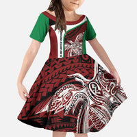 Personalised PNG East New Britain Province Family Matching Off Shoulder Maxi Dress and Hawaiian Shirt Bird of Paradise Tattoo Flag Motif LT9 Daughter's Dress Green - Polynesian Pride