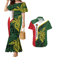 Personalised PNG East Sepik Province Couples Matching Mermaid Dress and Hawaiian Shirt Bird of Paradise Tattoo Flag Motif LT9 Green - Polynesian Pride