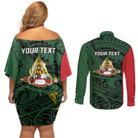 Personalised PNG East Sepik Province Couples Matching Off Shoulder Short Dress and Long Sleeve Button Shirt Bird of Paradise Tattoo Flag Motif LT9 - Polynesian Pride