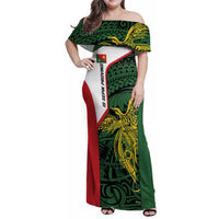 Personalised PNG East Sepik Province Family Matching Off Shoulder Maxi Dress and Hawaiian Shirt Bird of Paradise Tattoo Flag Motif LT9 Mom's Dress Green - Polynesian Pride