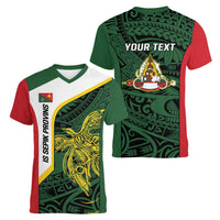 Personalised PNG East Sepik Province Women V-Neck T-Shirt Bird of Paradise Tattoo Flag Motif LT9 - Polynesian Pride