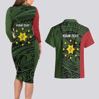 Personalised PNG Eastern Highlands Couples Matching Long Sleeve Bodycon Dress and Hawaiian Shirt Bird of Paradise Tattoo Flag Motif LT9 - Polynesian Pride