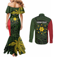 Personalised PNG Eastern Highlands Couples Matching Mermaid Dress and Long Sleeve Button Shirt Bird of Paradise Tattoo Flag Motif LT9 - Polynesian Pride