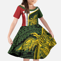 Personalised PNG Eastern Highlands Family Matching Mermaid Dress and Hawaiian Shirt Bird of Paradise Tattoo Flag Motif LT9 Daughter's Dress Green - Polynesian Pride