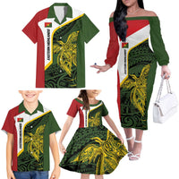 Personalised PNG Eastern Highlands Family Matching Off The Shoulder Long Sleeve Dress and Hawaiian Shirt Bird of Paradise Tattoo Flag Motif LT9 - Polynesian Pride