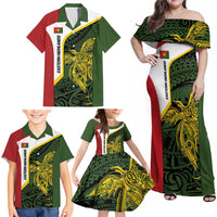 Personalised PNG Eastern Highlands Family Matching Off Shoulder Maxi Dress and Hawaiian Shirt Bird of Paradise Tattoo Flag Motif LT9 - Polynesian Pride