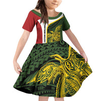 Personalised PNG Eastern Highlands Family Matching Off Shoulder Short Dress and Hawaiian Shirt Bird of Paradise Tattoo Flag Motif LT9 Daughter's Dress Green - Polynesian Pride