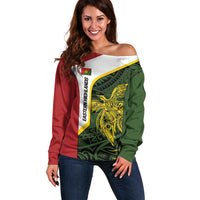 Personalised PNG Eastern Highlands Off Shoulder Sweater Bird of Paradise Tattoo Flag Motif LT9 Women Green - Polynesian Pride