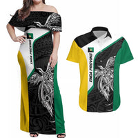 Personalised PNG Enga Province Couples Matching Off Shoulder Maxi Dress and Hawaiian Shirt Bird of Paradise Tattoo Flag Motif LT9 Green - Polynesian Pride