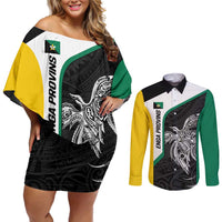 Personalised PNG Enga Province Couples Matching Off Shoulder Short Dress and Long Sleeve Button Shirt Bird of Paradise Tattoo Flag Motif LT9 Green - Polynesian Pride