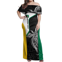 Personalised PNG Enga Province Off Shoulder Maxi Dress Bird of Paradise Tattoo Flag Motif LT9 Women Green - Polynesian Pride
