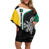 Personalised PNG Enga Province Off Shoulder Short Dress Bird of Paradise Tattoo Flag Motif LT9 Women Green - Polynesian Pride