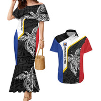 Personalised PNG Gulf Province Couples Matching Mermaid Dress and Hawaiian Shirt Bird of Paradise Tattoo Flag Motif LT9 Black - Polynesian Pride
