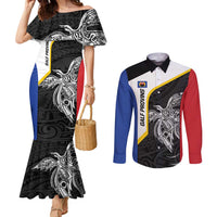 Personalised PNG Gulf Province Couples Matching Mermaid Dress and Long Sleeve Button Shirt Bird of Paradise Tattoo Flag Motif LT9 Black - Polynesian Pride