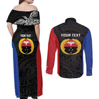 Personalised PNG Gulf Province Couples Matching Off Shoulder Maxi Dress and Long Sleeve Button Shirt Bird of Paradise Tattoo Flag Motif LT9 - Polynesian Pride