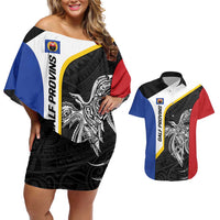 Personalised PNG Gulf Province Couples Matching Off Shoulder Short Dress and Hawaiian Shirt Bird of Paradise Tattoo Flag Motif LT9 Black - Polynesian Pride