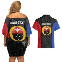 Personalised PNG Gulf Province Couples Matching Off Shoulder Short Dress and Hawaiian Shirt Bird of Paradise Tattoo Flag Motif LT9 - Polynesian Pride