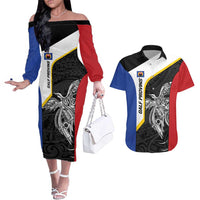 Personalised PNG Gulf Province Couples Matching Off The Shoulder Long Sleeve Dress and Hawaiian Shirt Bird of Paradise Tattoo Flag Motif LT9 Black - Polynesian Pride