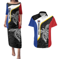 Personalised PNG Gulf Province Couples Matching Puletasi and Hawaiian Shirt Bird of Paradise Tattoo Flag Motif LT9 Black - Polynesian Pride