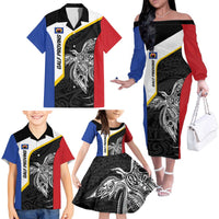 Personalised PNG Gulf Province Family Matching Off The Shoulder Long Sleeve Dress and Hawaiian Shirt Bird of Paradise Tattoo Flag Motif LT9 - Polynesian Pride