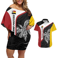 Personalised PNG Madang Province Couples Matching Off Shoulder Short Dress and Hawaiian Shirt Bird of Paradise Tattoo Flag Motif LT9 Yellow - Polynesian Pride