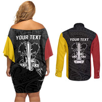 Personalised PNG Madang Province Couples Matching Off Shoulder Short Dress and Long Sleeve Button Shirt Bird of Paradise Tattoo Flag Motif LT9 - Polynesian Pride