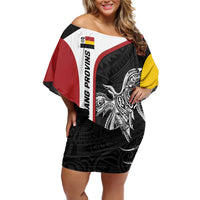 Personalised PNG Madang Province Family Matching Off Shoulder Short Dress and Hawaiian Shirt Bird of Paradise Tattoo Flag Motif LT9 Mom's Dress Yellow - Polynesian Pride