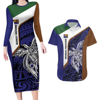 Personalised PNG Manus Province Couples Matching Long Sleeve Bodycon Dress and Hawaiian Shirt Bird of Paradise Tattoo Flag Motif LT9 Blue - Polynesian Pride