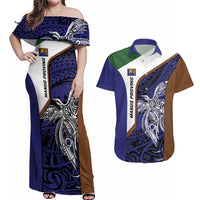 Personalised PNG Manus Province Couples Matching Off Shoulder Maxi Dress and Hawaiian Shirt Bird of Paradise Tattoo Flag Motif LT9 Blue - Polynesian Pride