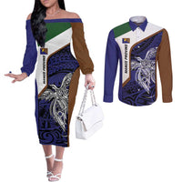 Personalised PNG Manus Province Couples Matching Off The Shoulder Long Sleeve Dress and Long Sleeve Button Shirt Bird of Paradise Tattoo Flag Motif LT9 Blue - Polynesian Pride
