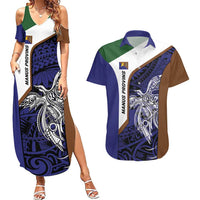 Personalised PNG Manus Province Couples Matching Summer Maxi Dress and Hawaiian Shirt Bird of Paradise Tattoo Flag Motif LT9 Blue - Polynesian Pride