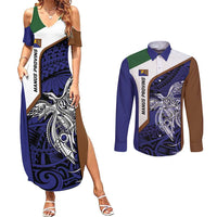 Personalised PNG Manus Province Couples Matching Summer Maxi Dress and Long Sleeve Button Shirt Bird of Paradise Tattoo Flag Motif LT9 Blue - Polynesian Pride