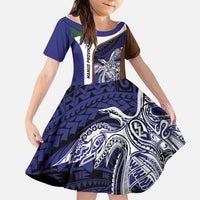 Personalised PNG Manus Province Kid Short Sleeve Dress Bird of Paradise Tattoo Flag Motif LT9 KID Blue - Polynesian Pride
