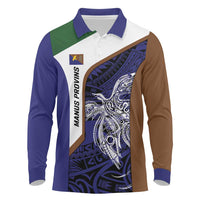 Personalised PNG Manus Province Long Sleeve Polo Shirt Bird of Paradise Tattoo Flag Motif LT9 Blue - Polynesian Pride