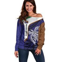 Personalised PNG Manus Province Off Shoulder Sweater Bird of Paradise Tattoo Flag Motif LT9 Women Blue - Polynesian Pride